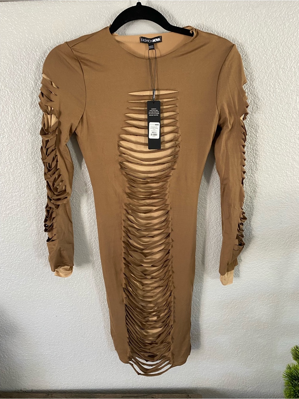 Fashion Nova Tan Long Sleeve Cutout Bodycon Dress